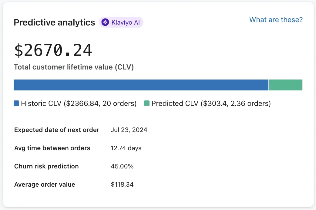此图显示了Klaviyo后台的预测分析，列出了档案的总客户生命周期价值以及他们的预测下订单日期、订单间的平均时间、流失风险预测和平均订单价值。
