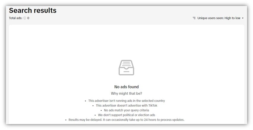 TikTok 广告库 - 零搜索结果故障排除屏幕截图