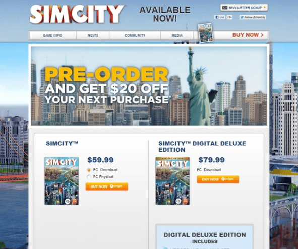 SimCity A/B 测试示例中的版本A截屏