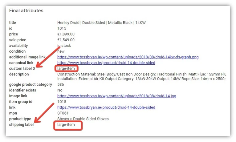 google merchant center - example custom label attributes in product feed