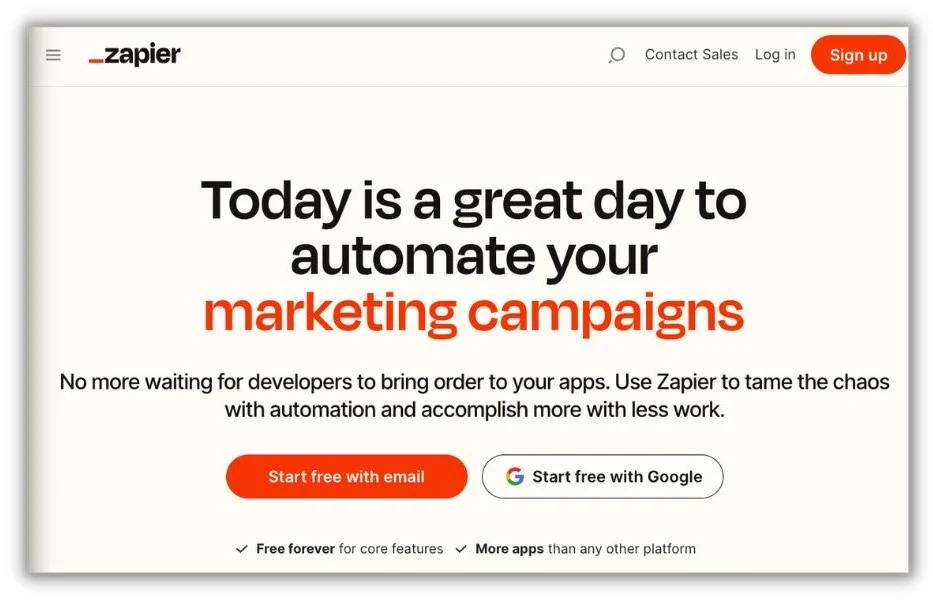 营销机构的AI工具 - Zapier 首页屏幕。