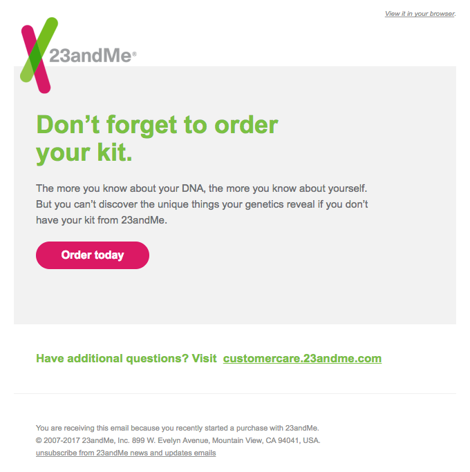 23andMe 购物车遗弃邮件示例