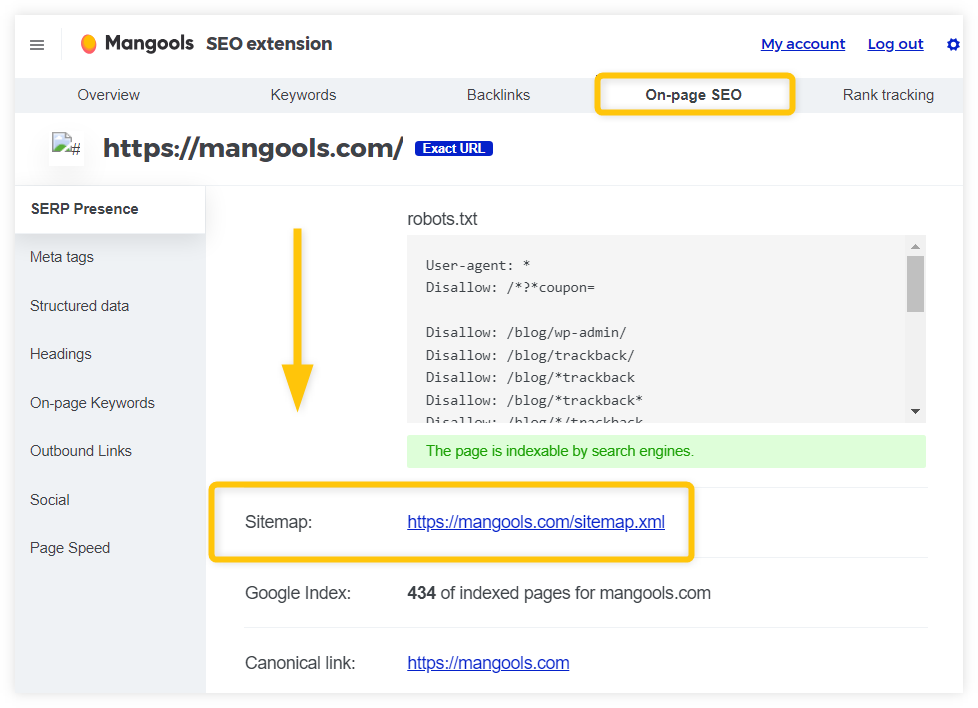 在Mangools SEO扩展中的网站地图检查 - 示例