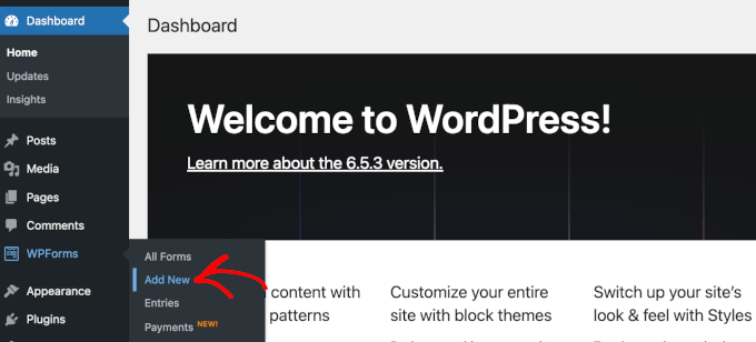 WordPress 管理区域中的 WPForms 下的添加新按钮