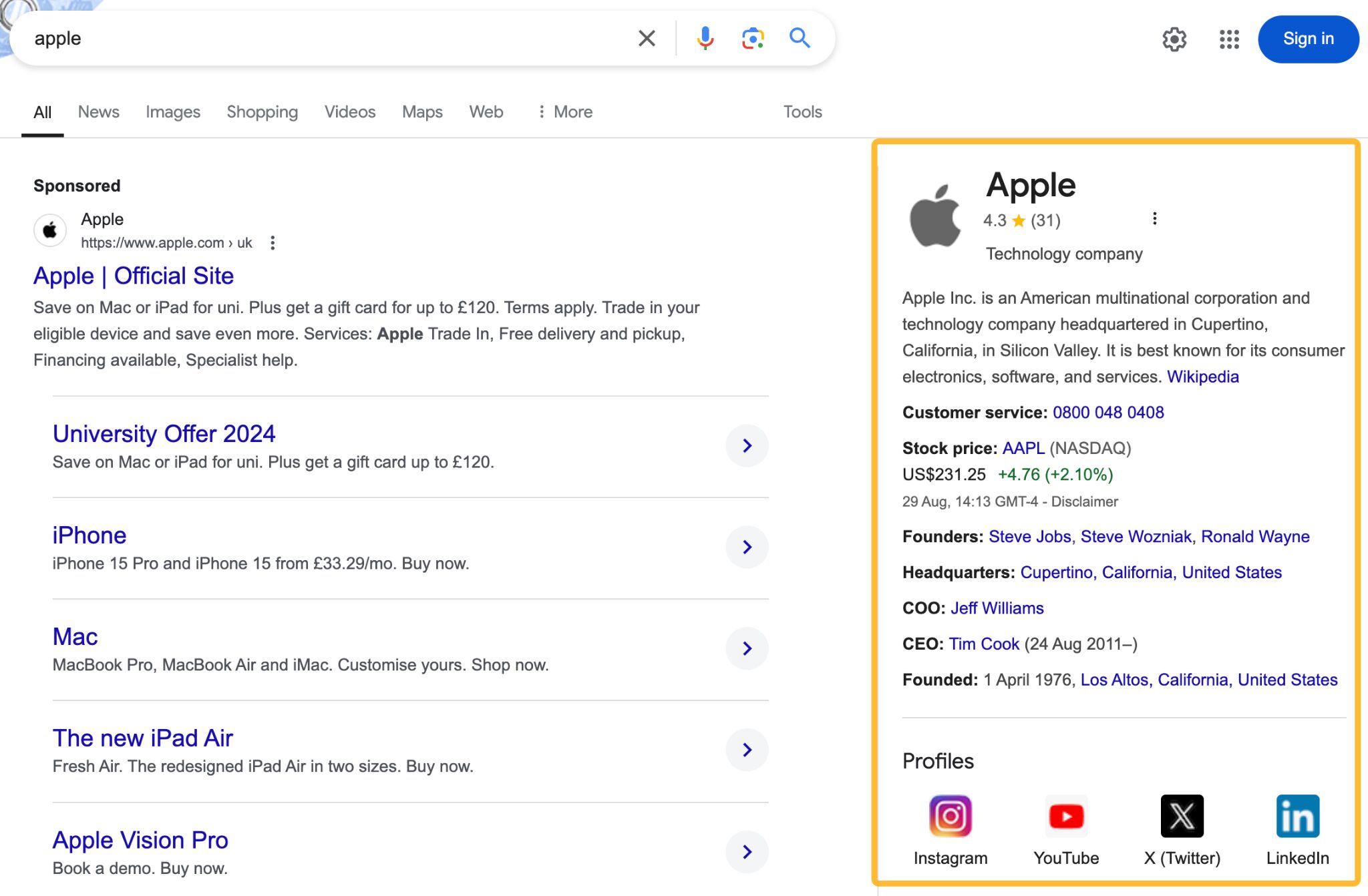 Google shows a knowledge panel for Apple, the technology company