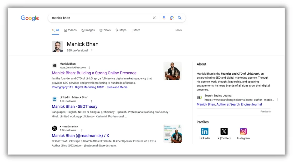谷歌搜索结果中显示的Manick Bhan的截图