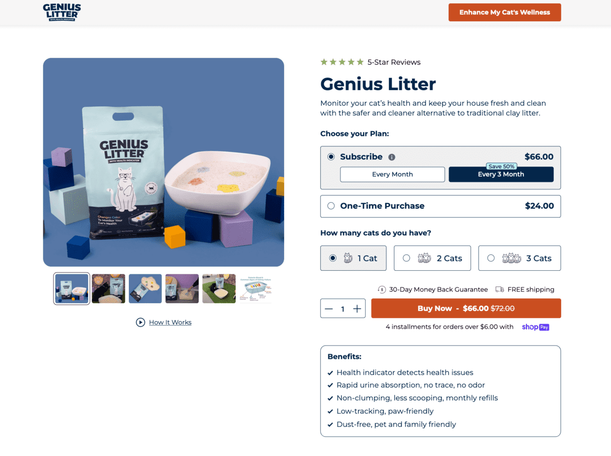 这张图片显示了 Genius Litter 品牌产品页面的示例